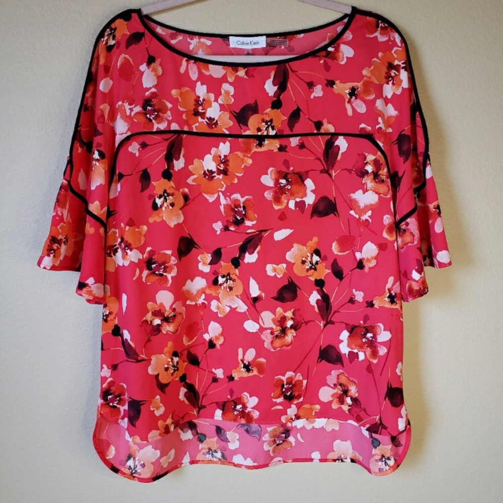 NWT Calvin Klein Floral Rosso Bell Sleeve Blouse